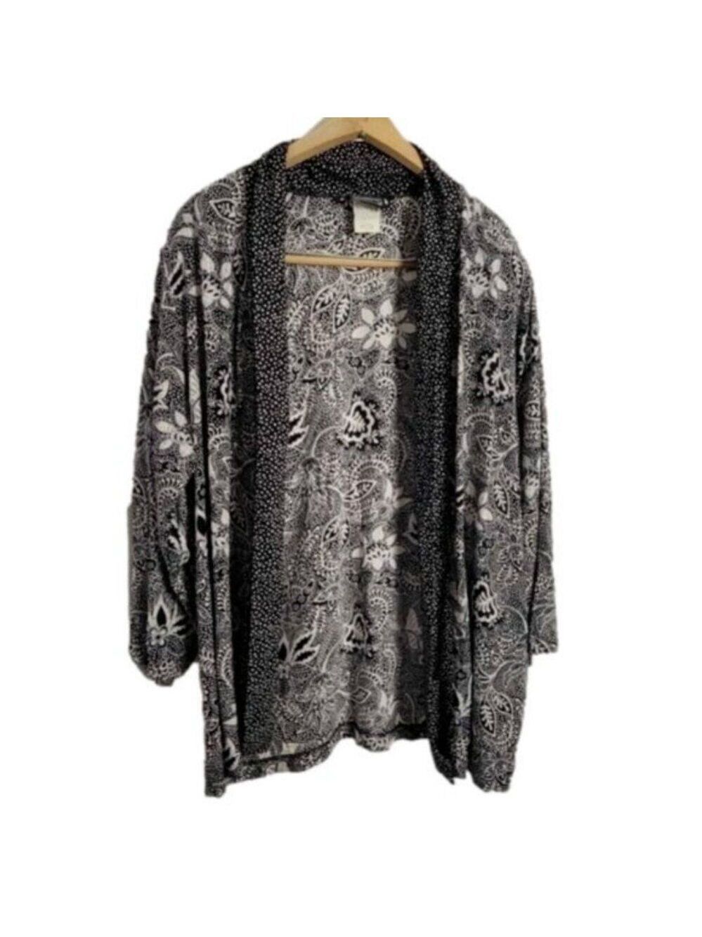 Bon Worth Cardigan Open Large silky Kimono B/W flowy Rayon Whimsigoth BOHO Chic